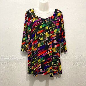Fashque Studio Top Tunic Stretch Pullover Abstract Black Vibrant Cross back XL